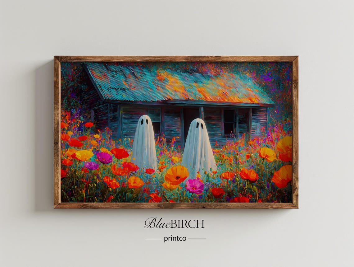 Rustic Halloween Frame Tv Art With Ghosts Old House In Flower Field For Autumn Decor Vintage Cabin Landscape 8