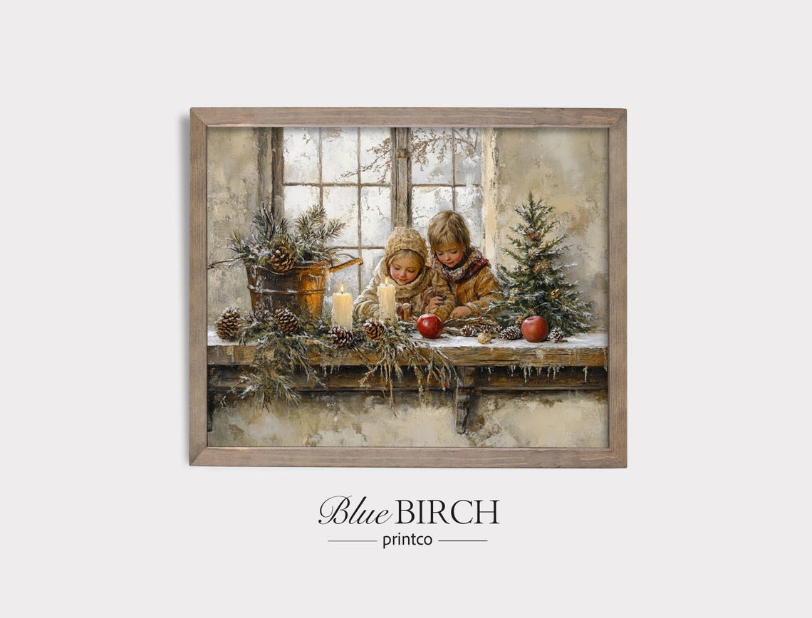Children by Frosty Window with Candles and Pinecones Winter Wall Art