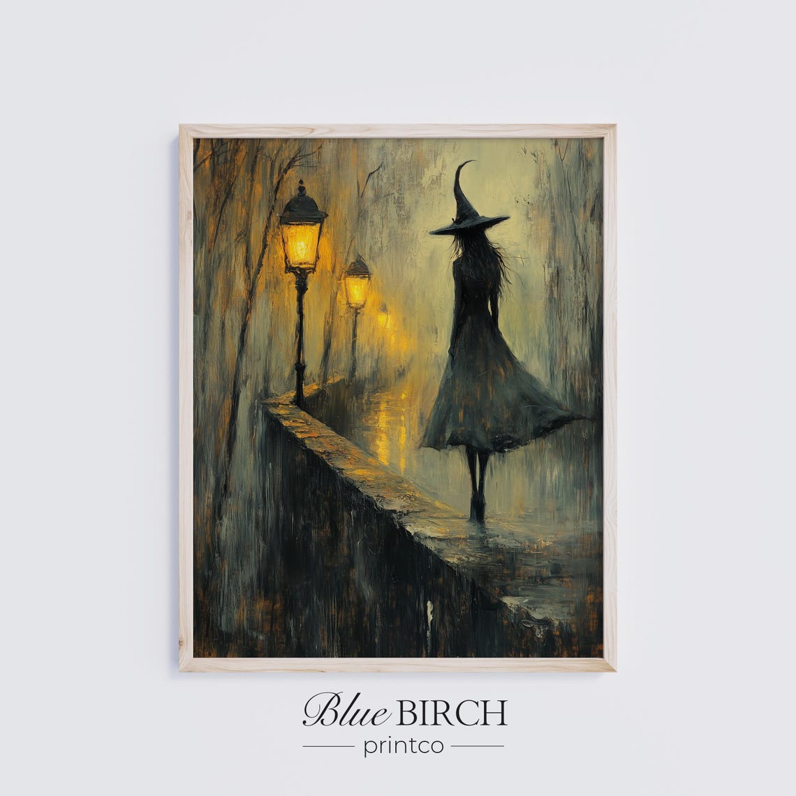 Moody Witch Wall Art Vintage Style In Lamplit Street Halloween Decor Rustic Autumn Painting 186