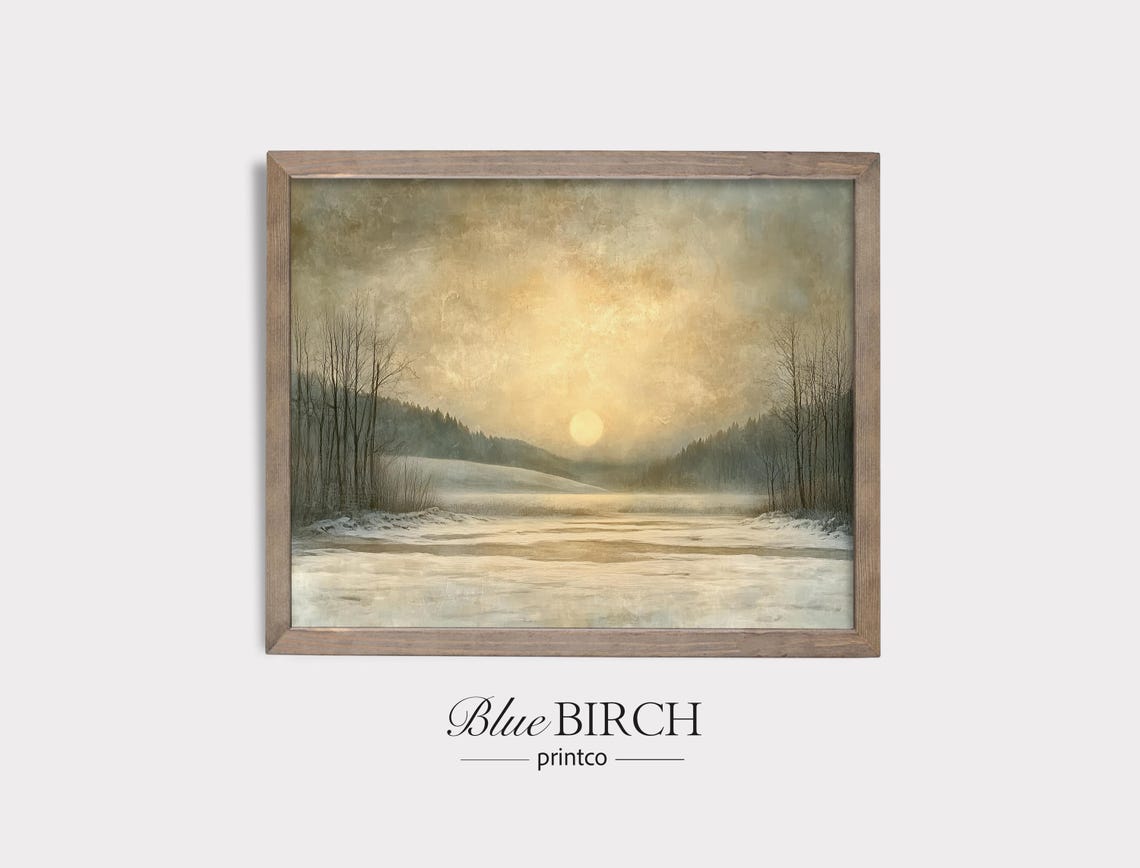Golden Winter Sunrise Over Snowy Frozen Lake Moody Landscape Wall Art