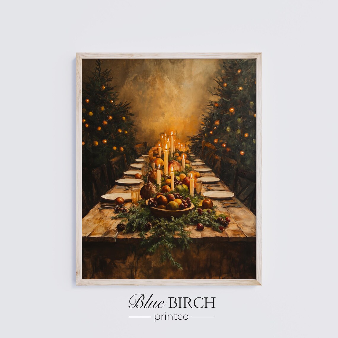 Festive Christmas Feast Candlelit Rustic Wooden Table Oil Painting Poster