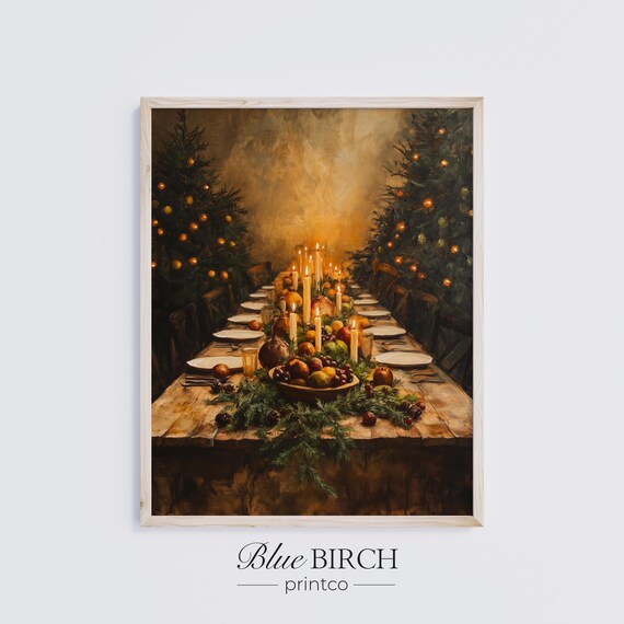 Festive Christmas Feast Candlelit Rustic Wooden Table Oil Painting Poster