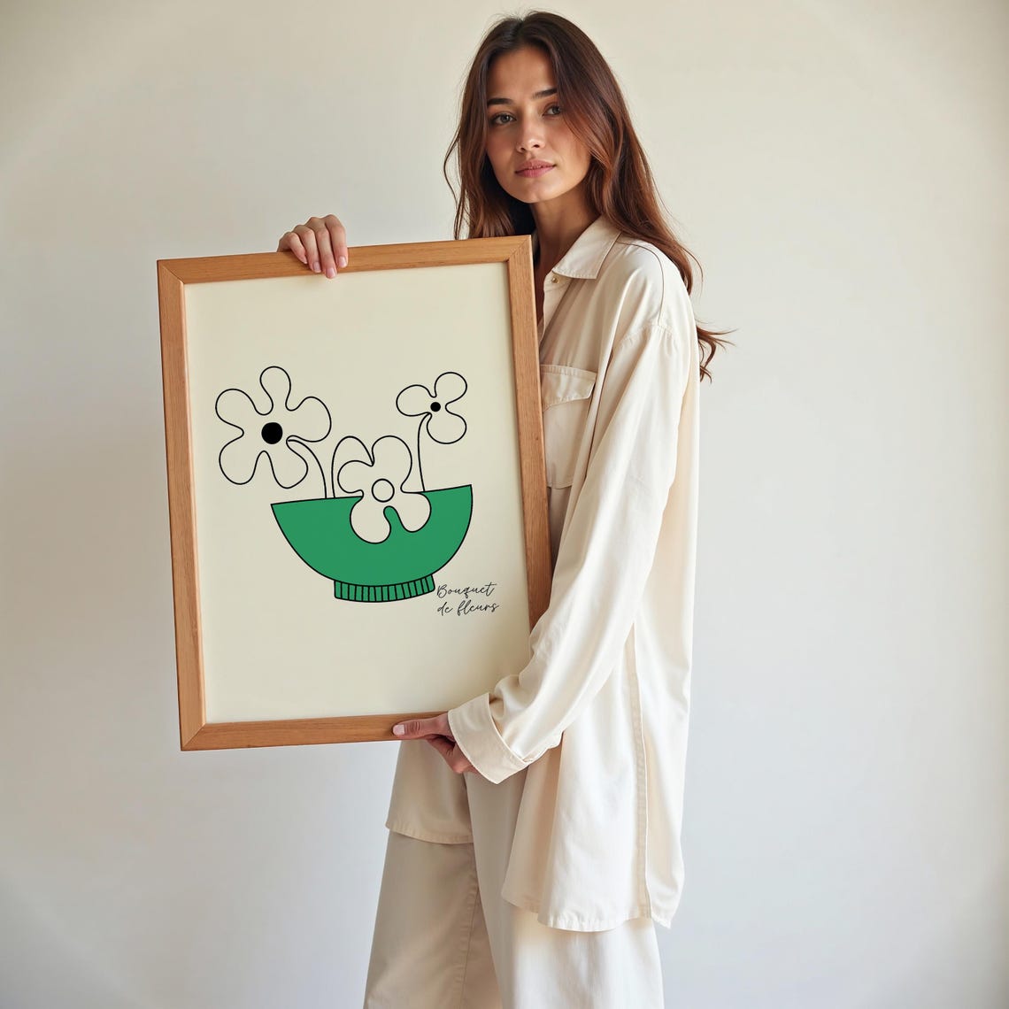 Line Drawn Flowers in Green Bowl Simple Botanical Decor Poster