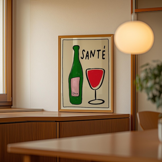 Santé Red Wine Bottle And Glass Hand Drawn Playful French Kitchen Poster