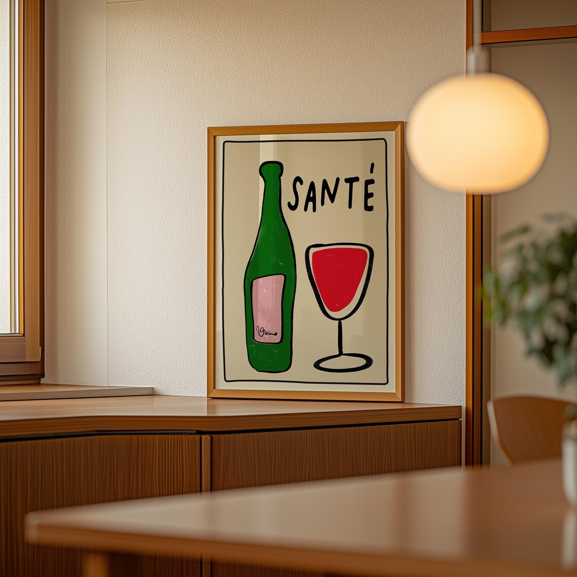 Santé Red Wine Bottle And Glass Hand Drawn Playful French Kitchen Poster
