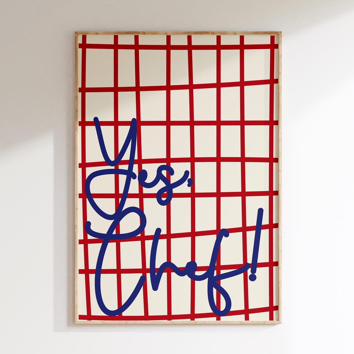 Yes Chef Quote with Bold Blue Script on Red Grid Kitchen Poster