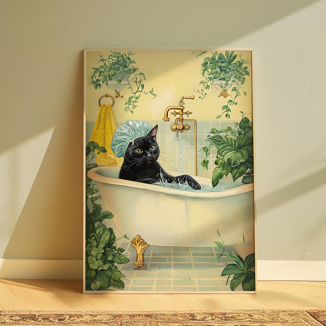Black Cat Wearing Shower Cap In Clawfoot Tub Botanical Poster
