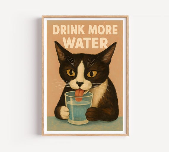 Drink More Water Cat Mid-Century Art Print