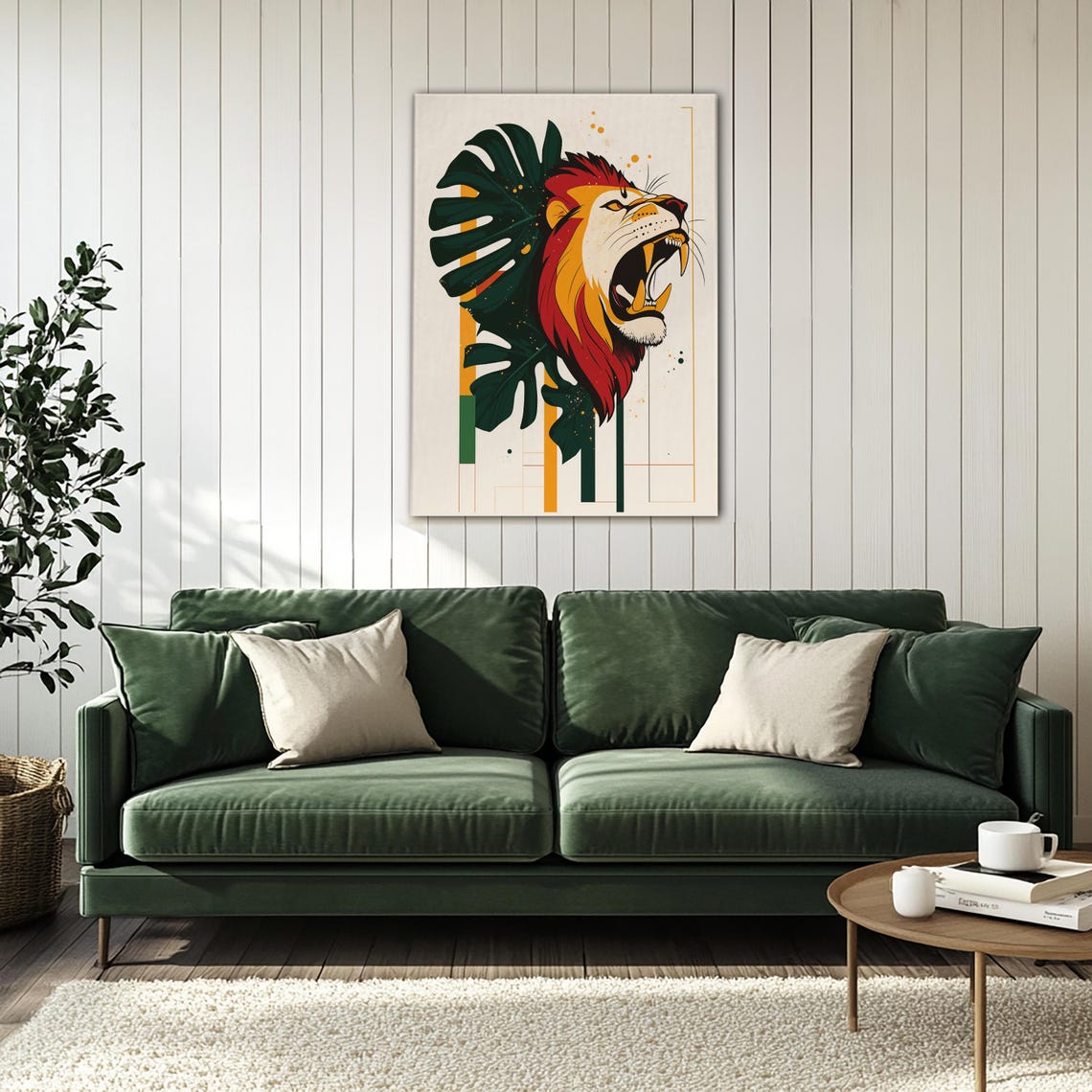 Roaring Lion Head With Monstera Leaves Tropical Modern Wall Art - Image 4