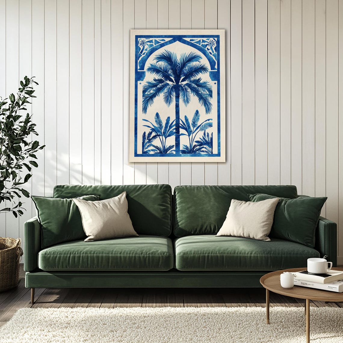 Blue Palm Tree in Arabic Arch Indigo Coastal Tropical Wall Art - Image 4