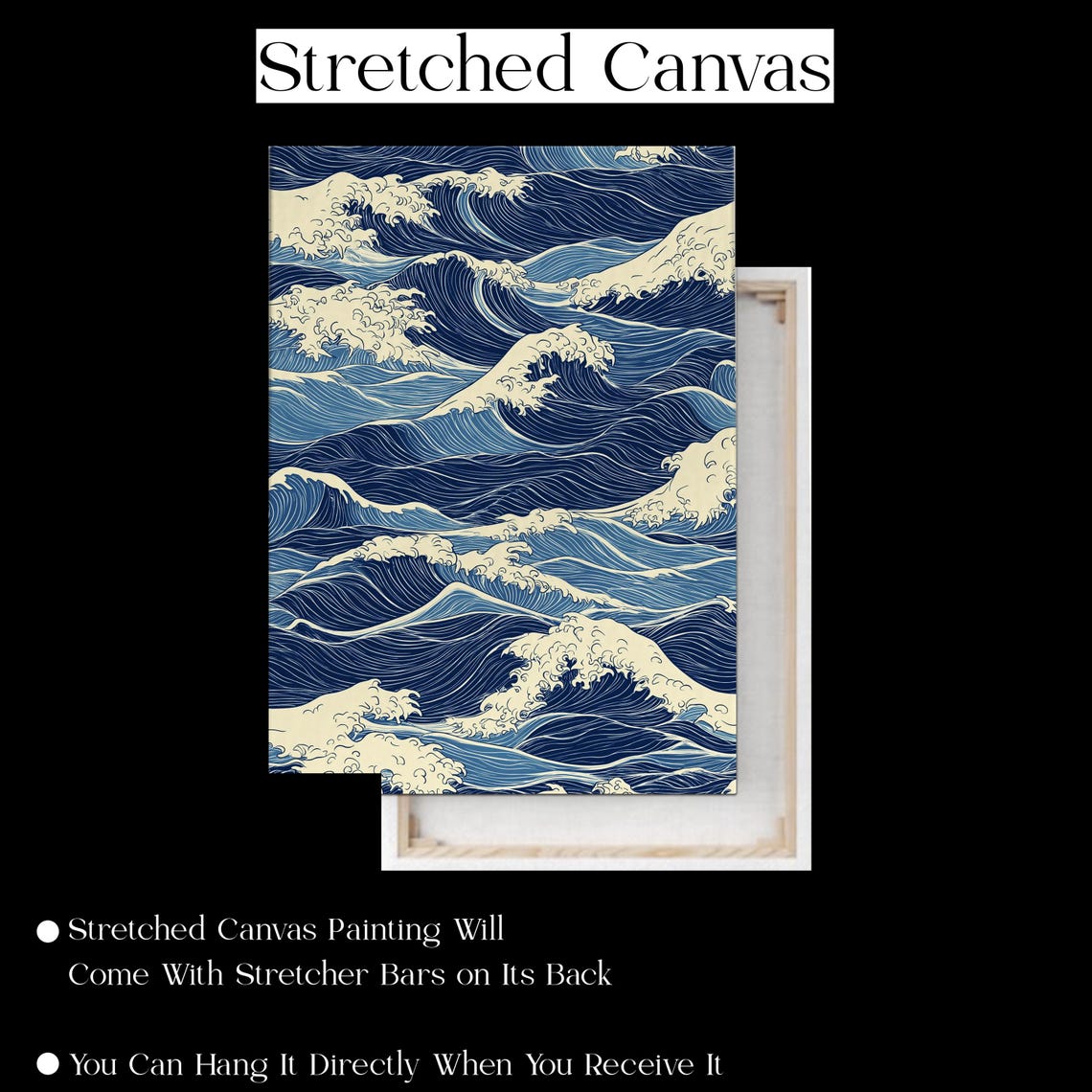 Japanese Blue Ocean Wave Pattern Traditional Ukiyo Inspired Wall Art - Image 2