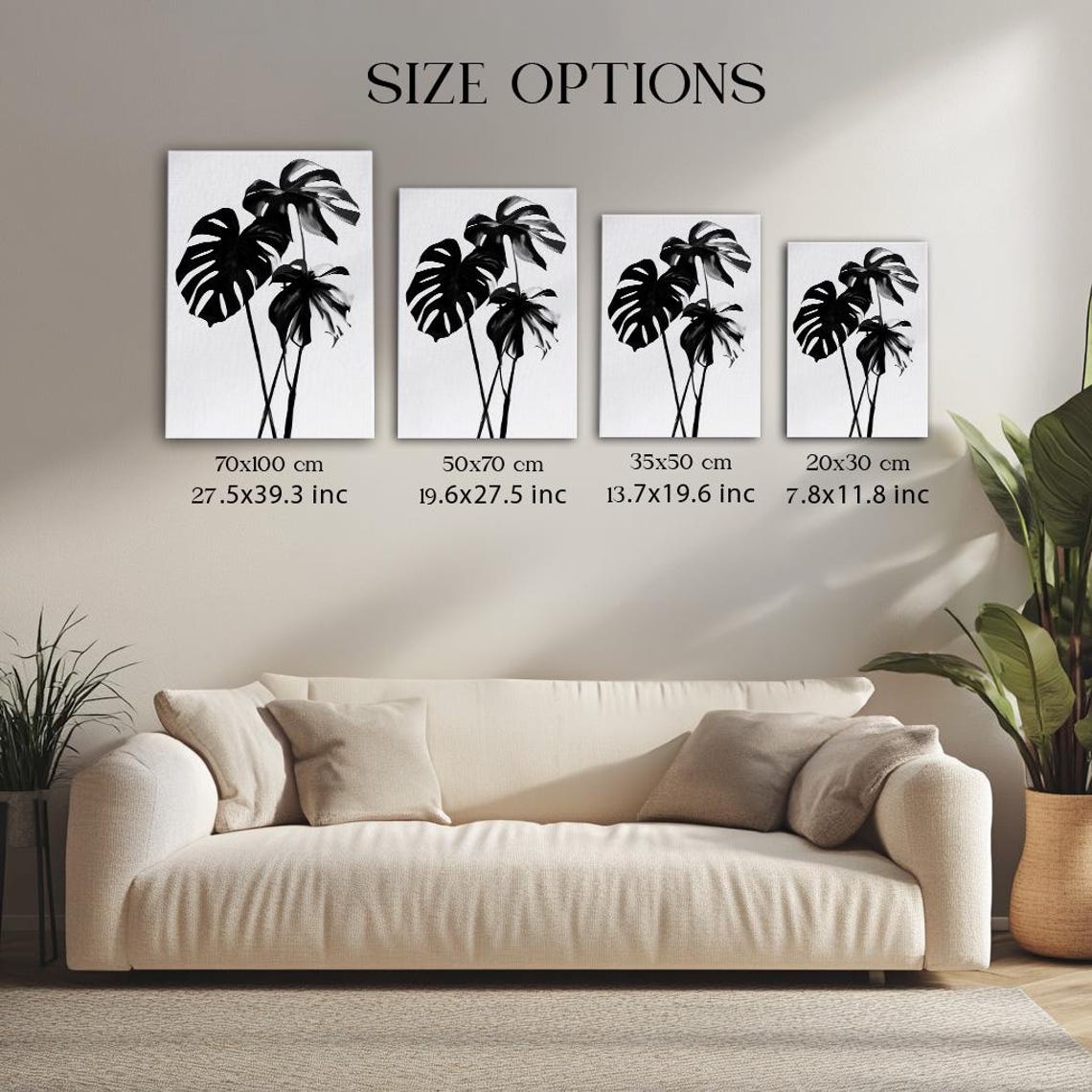 Large Monochrome Monstera Leaves Trio Minimalist Botanical Print - Image 3
