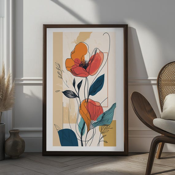 Abstract Floral Wall Art Print Modern Botanical Artwork With Bold Poppies Contemporary Flower Decor For Living Room Or Bedroom