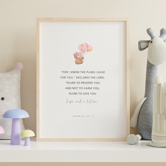 Jeremiah 2911 Girl Nursery Poster Pink Teddy Bear Balloons Scripture Art