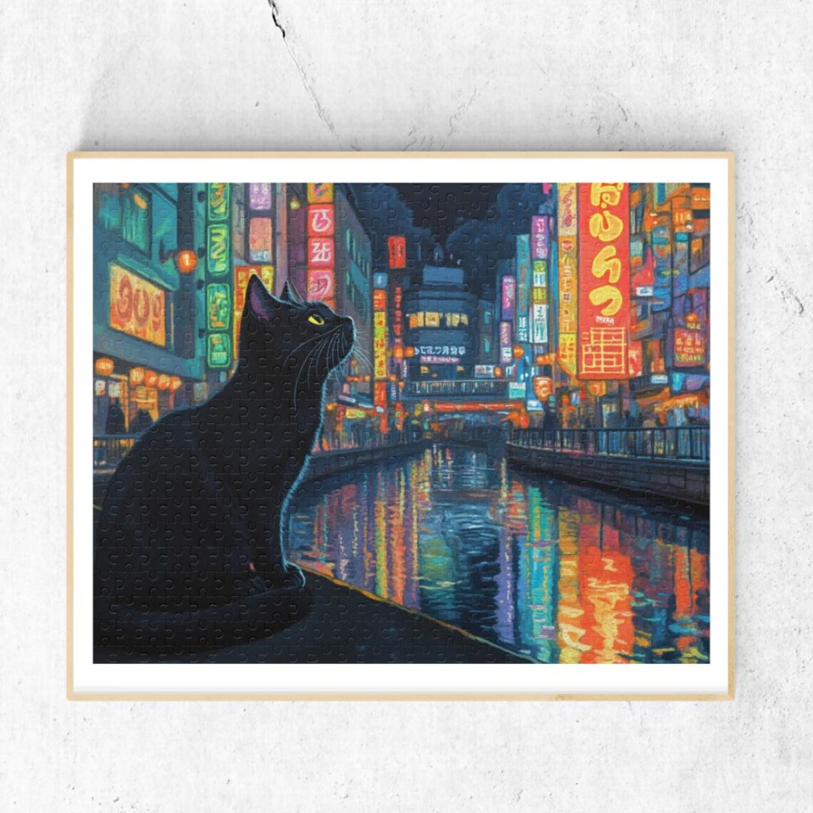 Black Cat at Midnight Dotonbori Canal Osaka Watercolor Night Scene Poster
