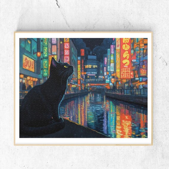 Black Cat at Midnight Dotonbori Canal Osaka Watercolor Night Scene Poster