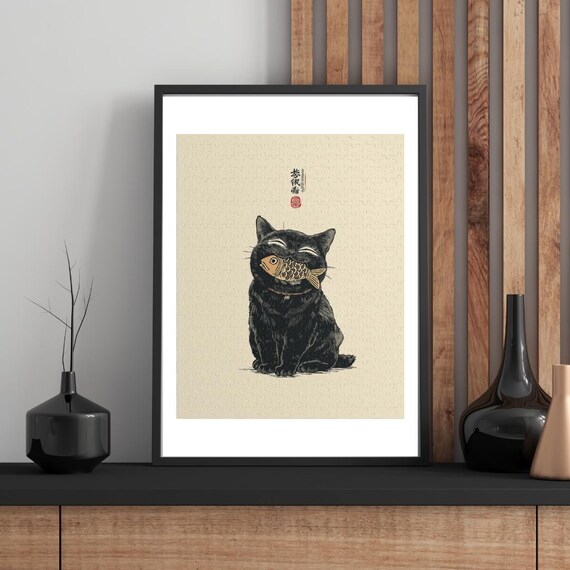 Black Cat Holding Taiyaki Japanese Ink Style Cute Cat Portrait Poster