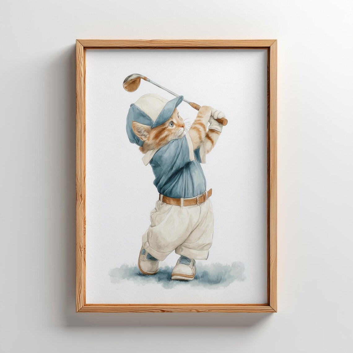 Tabby Cat Golf Nursery Print Blue Watercolor Wall Art 5 Sizes Included