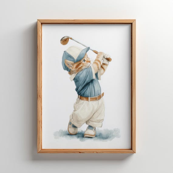 Tabby Cat Golf Nursery Print Blue Watercolor Wall Art 5 Sizes Included