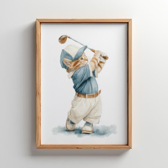 Tabby Kitten Playing Golf Blue Watercolor Sports Nursery Print