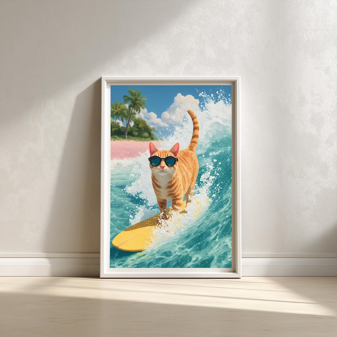 Orange Tabby Cat Surfing Turquoise Wave Beach Scene Wall Art