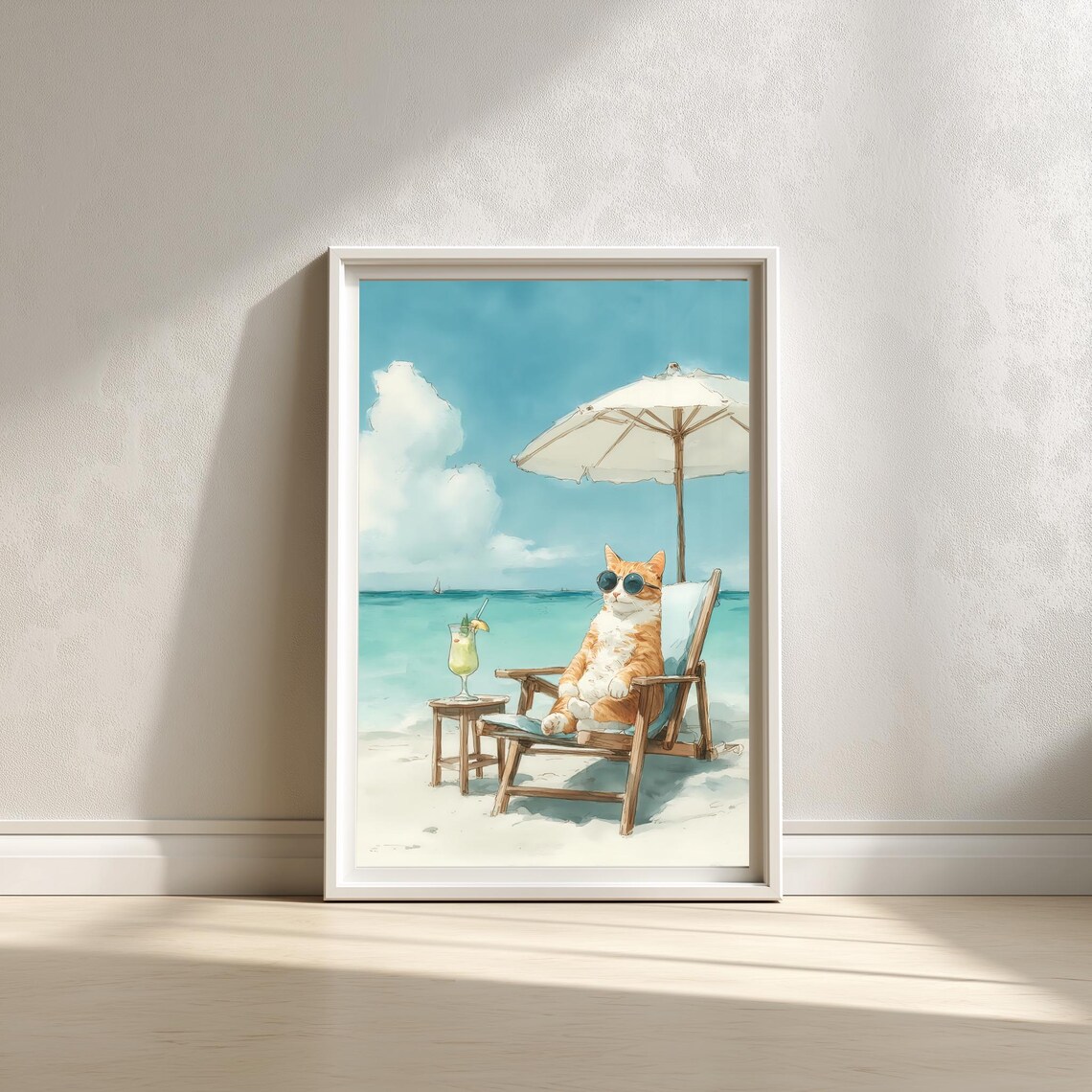 Orange Tabby Cat Beach Day With Tropical Cocktail Lounger Wall Art