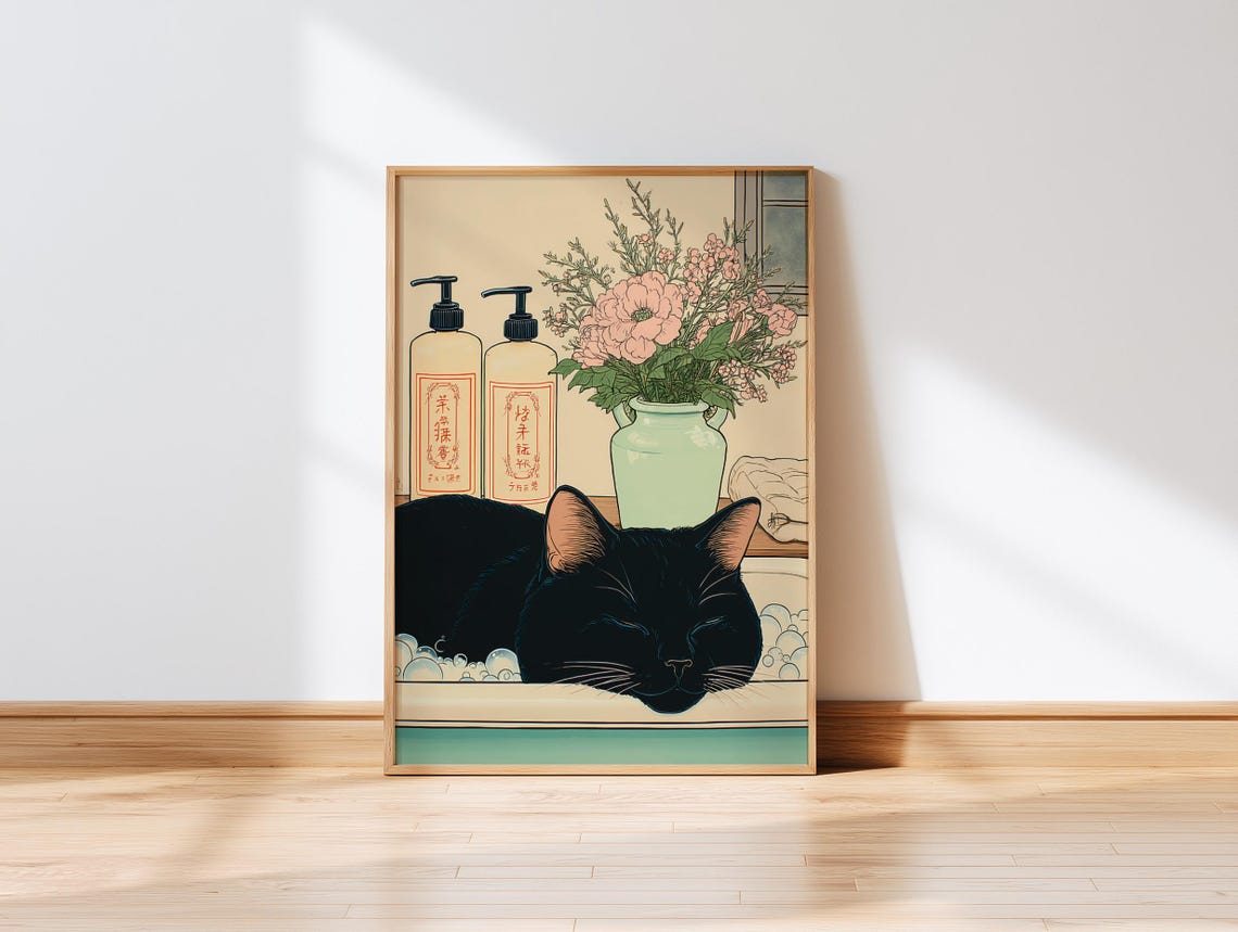 Relaxed Black Cat in a Bubble Bath Japanese Bathroom Art Poster