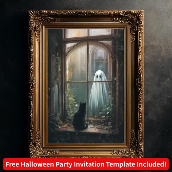 Black Cat Watching a Ghost Halloween Night Window Scene Poster