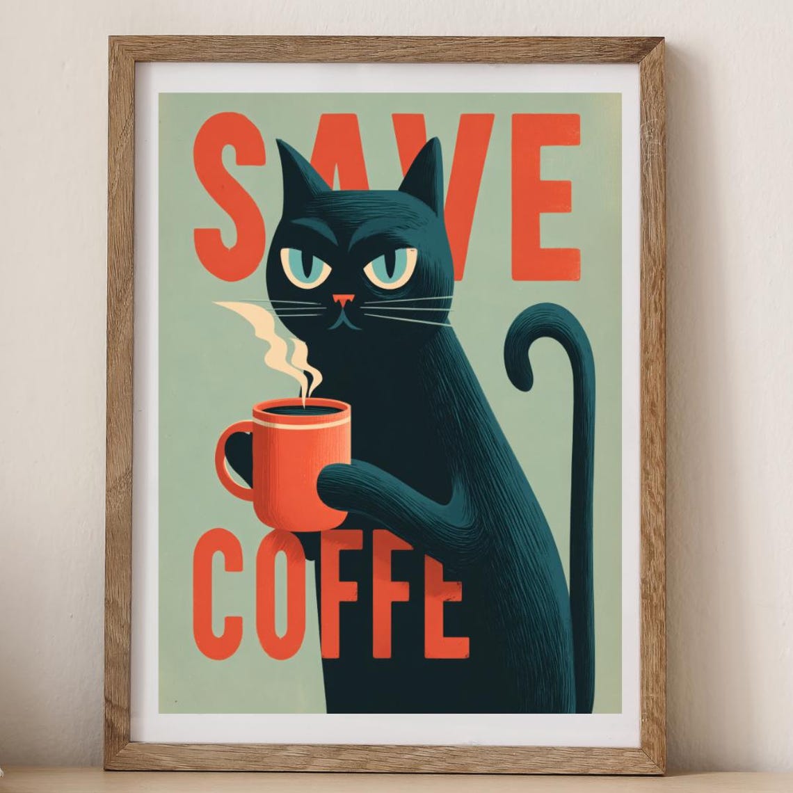 Vintage Black Cat with Coffee Cup Funny Retro Kitchen Poster