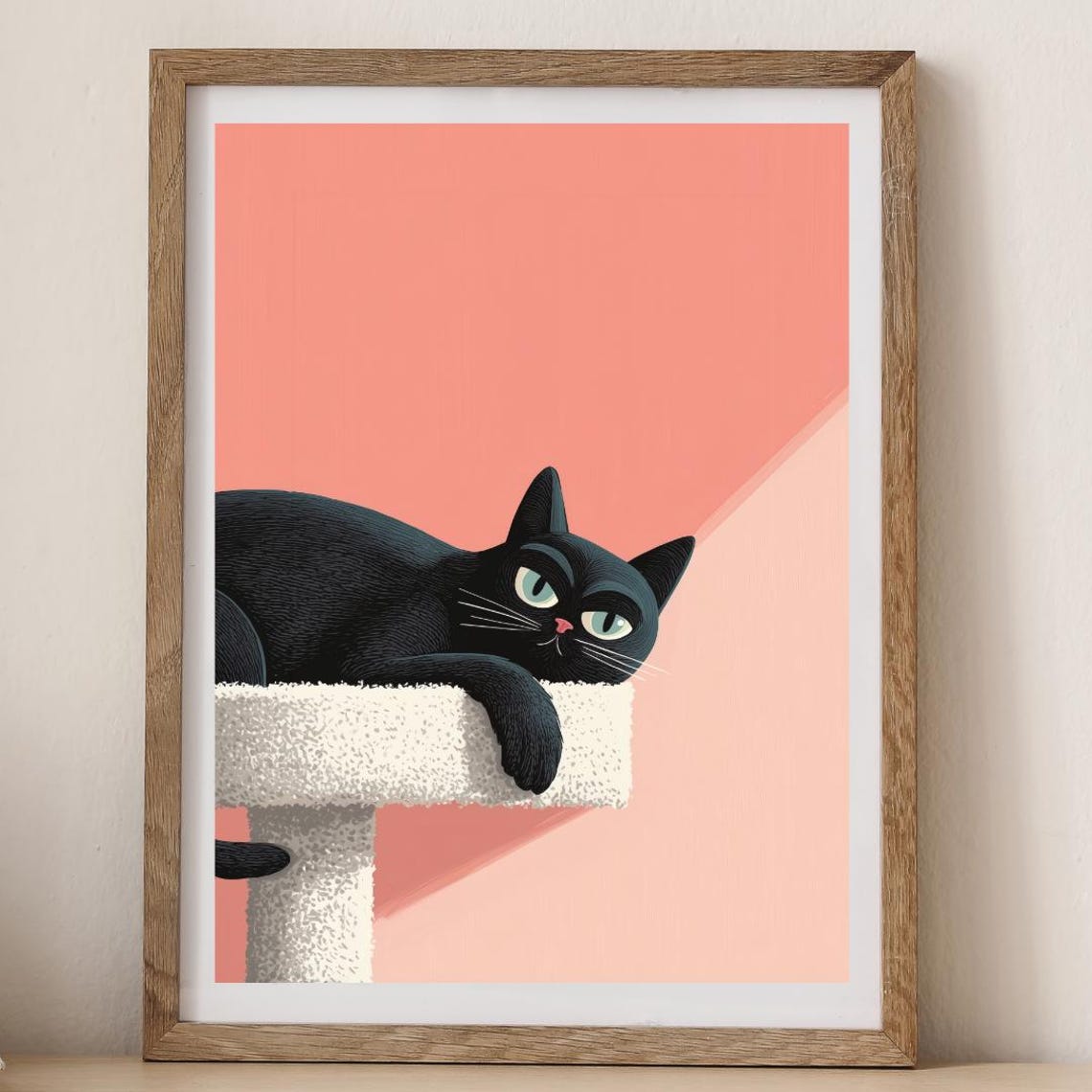 Black Cat On Perch Illustrated Wall Art With Coral Pink Modern Design