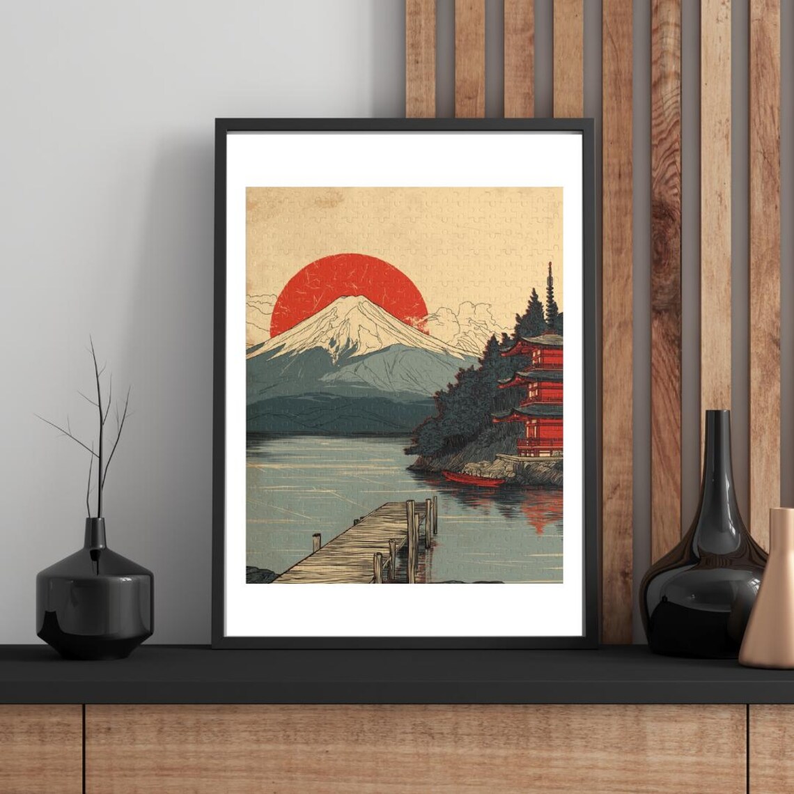 Mount Fuji Red Sun Ukiyoe Japanese Woodblock Style Lakeside Poster