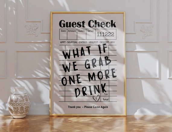 Guest Check Print One More Drink Bar Cart Art Print Trendy Wall Art Prints Preppy Poster Aesthetic Retro Decor Funky Guest Check Decor