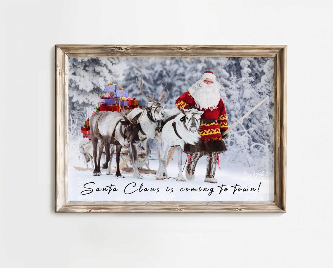 Santa Claus Reindeer Sleigh Snowy Christmas Photograph Art Poster