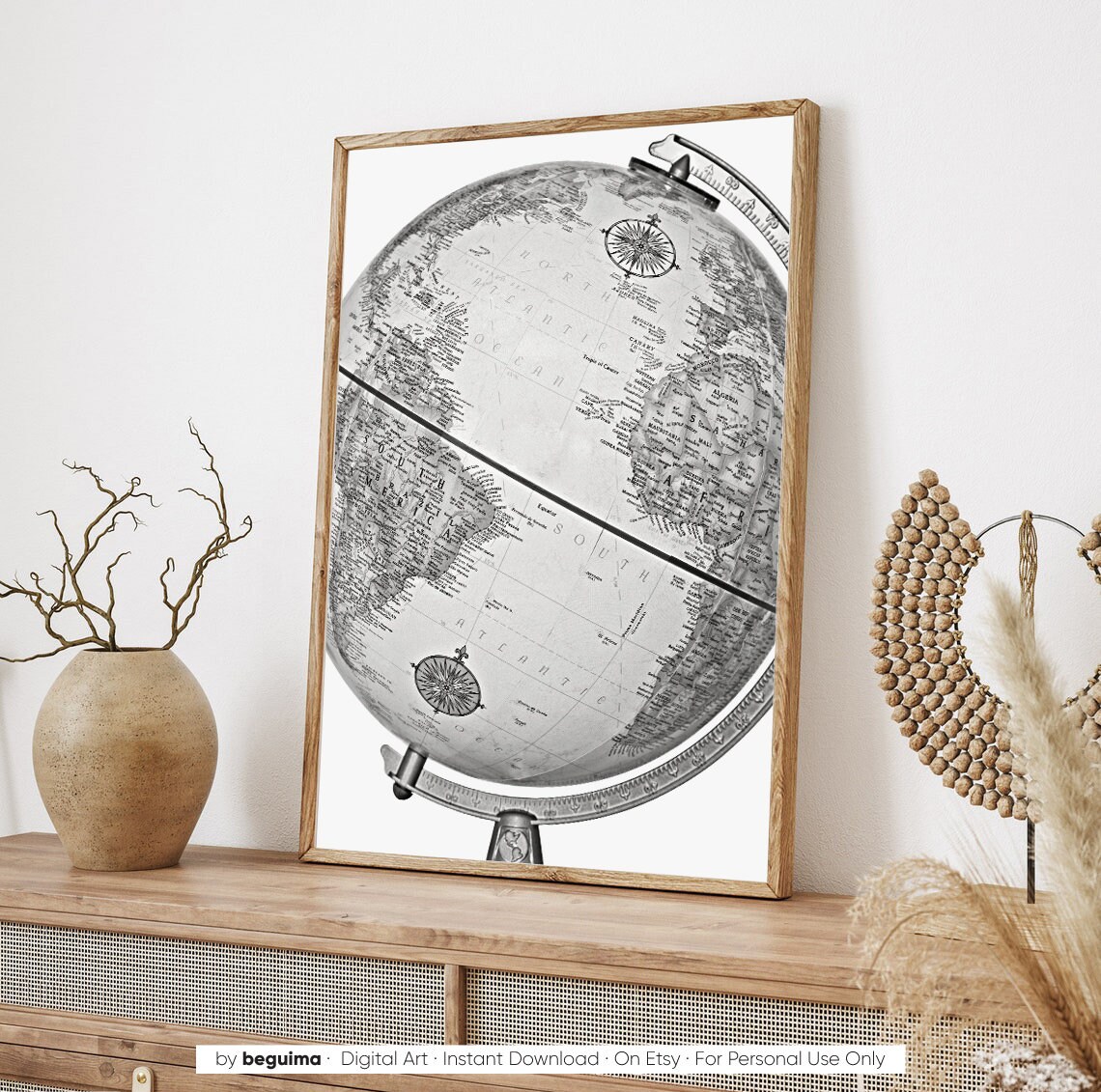 Vintage Desk Globe Old World Map Black and White Travel Poster - Image 3