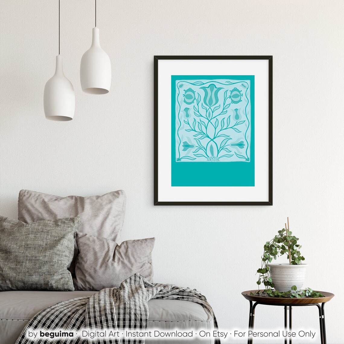 Turquoise Folk Floral Abstract Flower Painting Modern Botanical Poster - Image 3