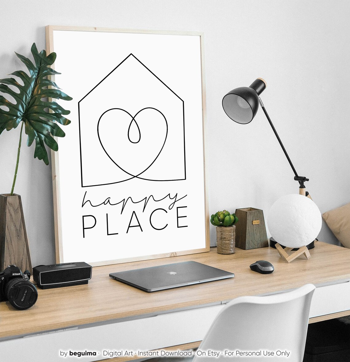 Happy Place Minimalist House Heart Line Art Home Decor Poster - Image 3