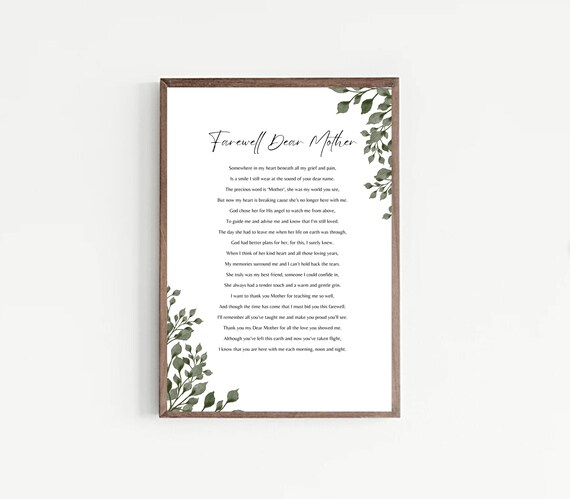 Farewell Dear Mother Eucalyptus Border Sympathy Memorial Poem Poster