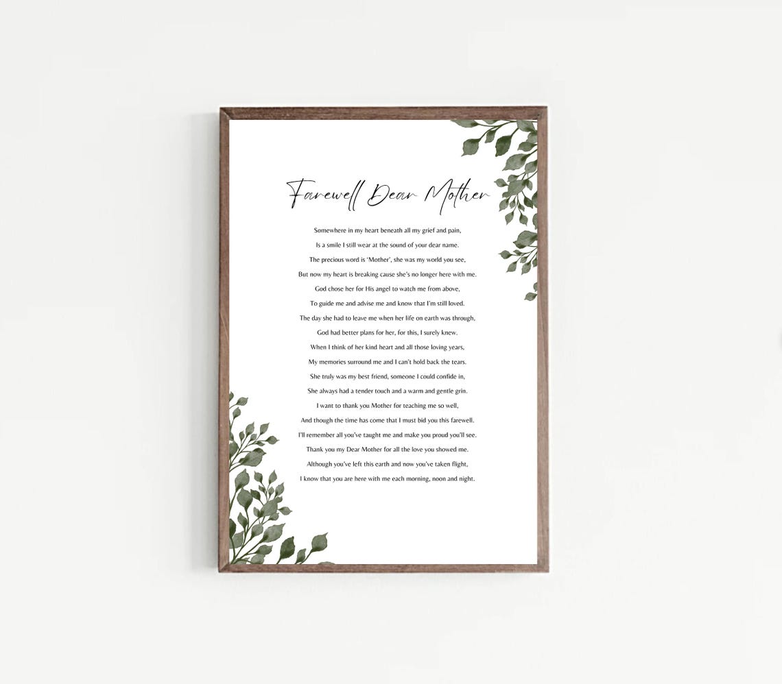 Farewell Dear Mother Eucalyptus Border Sympathy Memorial Poem Poster