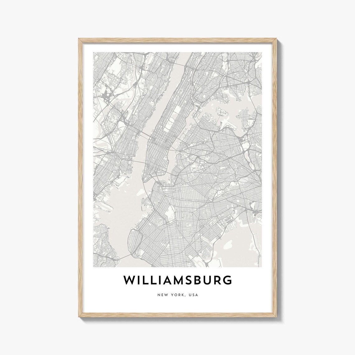 Elegant Minimalist Williamsburg New York City Map Poster in Gray