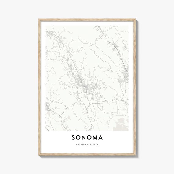 Sonoma California Minimalist Street Map Poster With Light Wood Frame