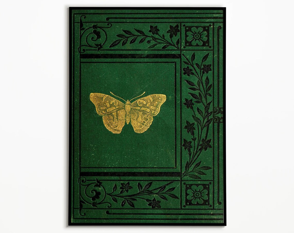 Emerald Green Vintage Book Cover Gold Butterfly Poster Art Decor