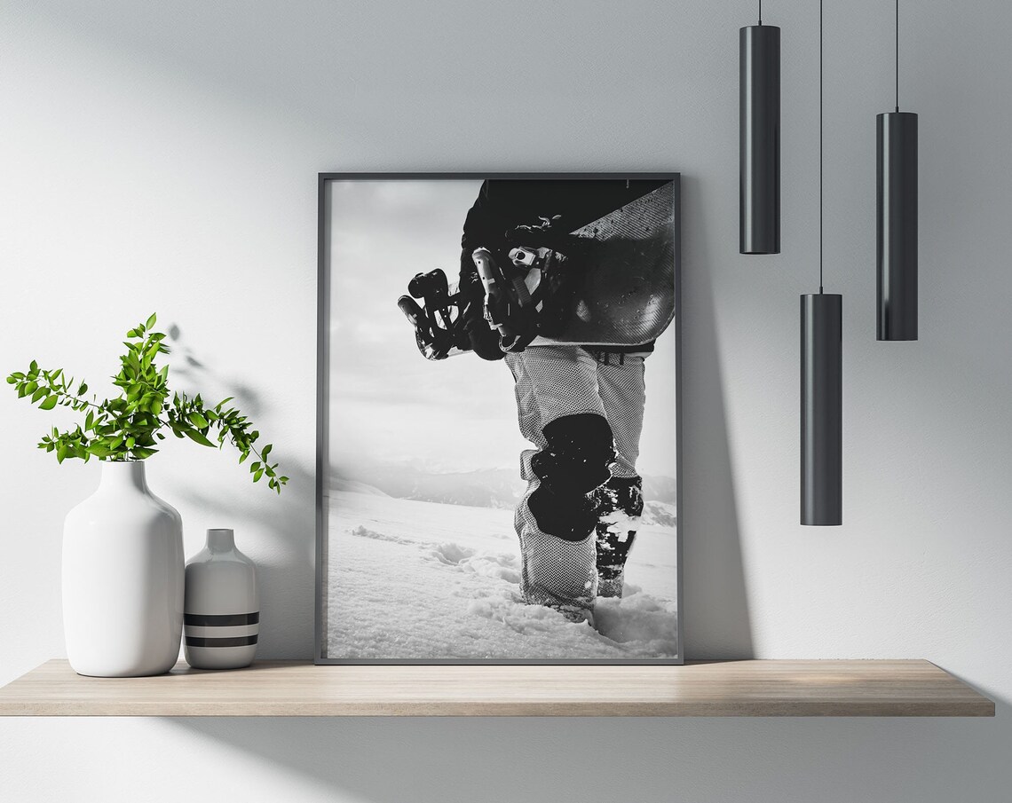 Snowboarder Carrying Board Through Snow Black and White Photo Poster
