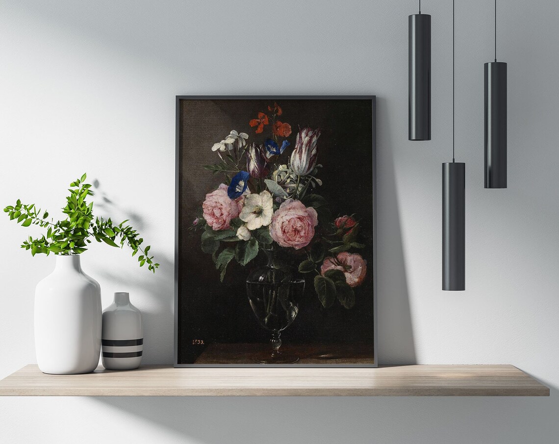 Dark Floral Still Life Roses Glass Vase Classic Painting Poster