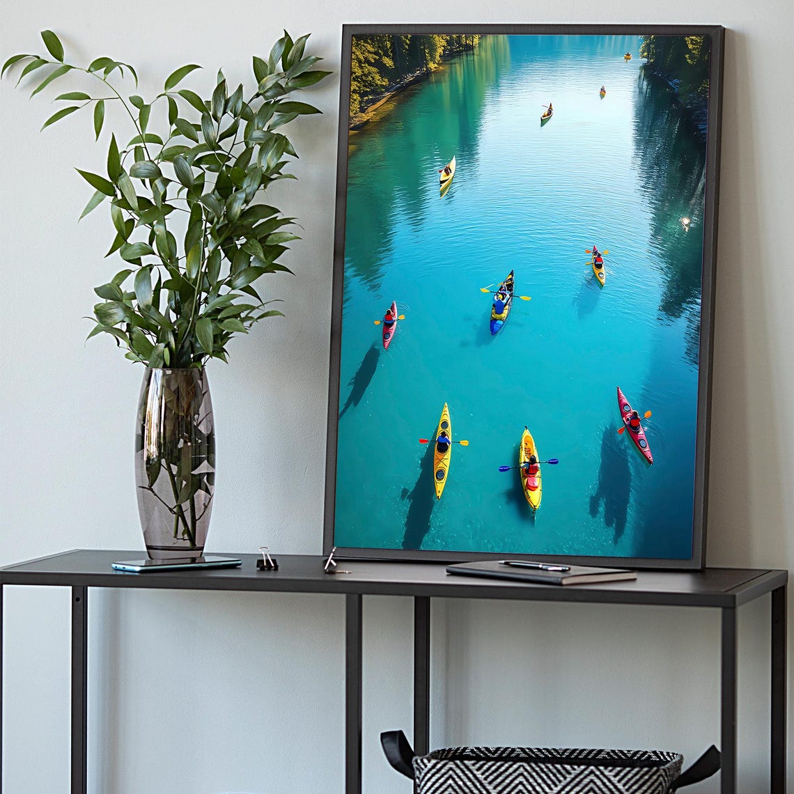 Tiny People Canoeing Poster Kayak Canoe Wall Art Nature Minimalist Modern Decor