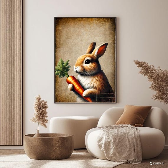 Vintage Easter Bunny Poster Flower Style Oil Paint Effect Modern Retro Wall Art Home Decor
