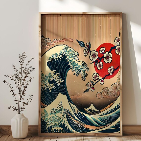 Great Wave Japanese Ocean Wave Poster Cherry Blossom Red Sun Art