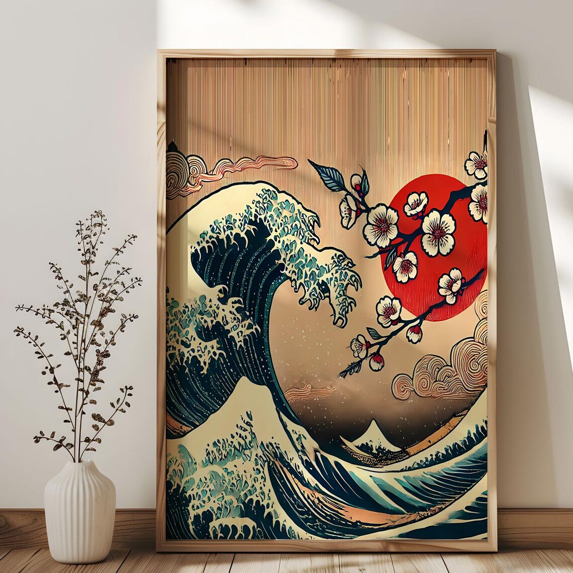Great Wave Japanese Ocean Wave Poster Cherry Blossom Red Sun Art