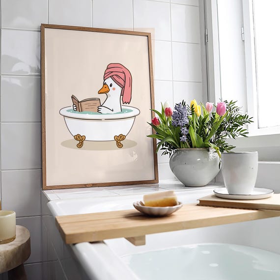Cute Bathroom Duck Print Pink Retro Wall Art In Head Towel Preppy Dorm Decor Funny It Girl Poster