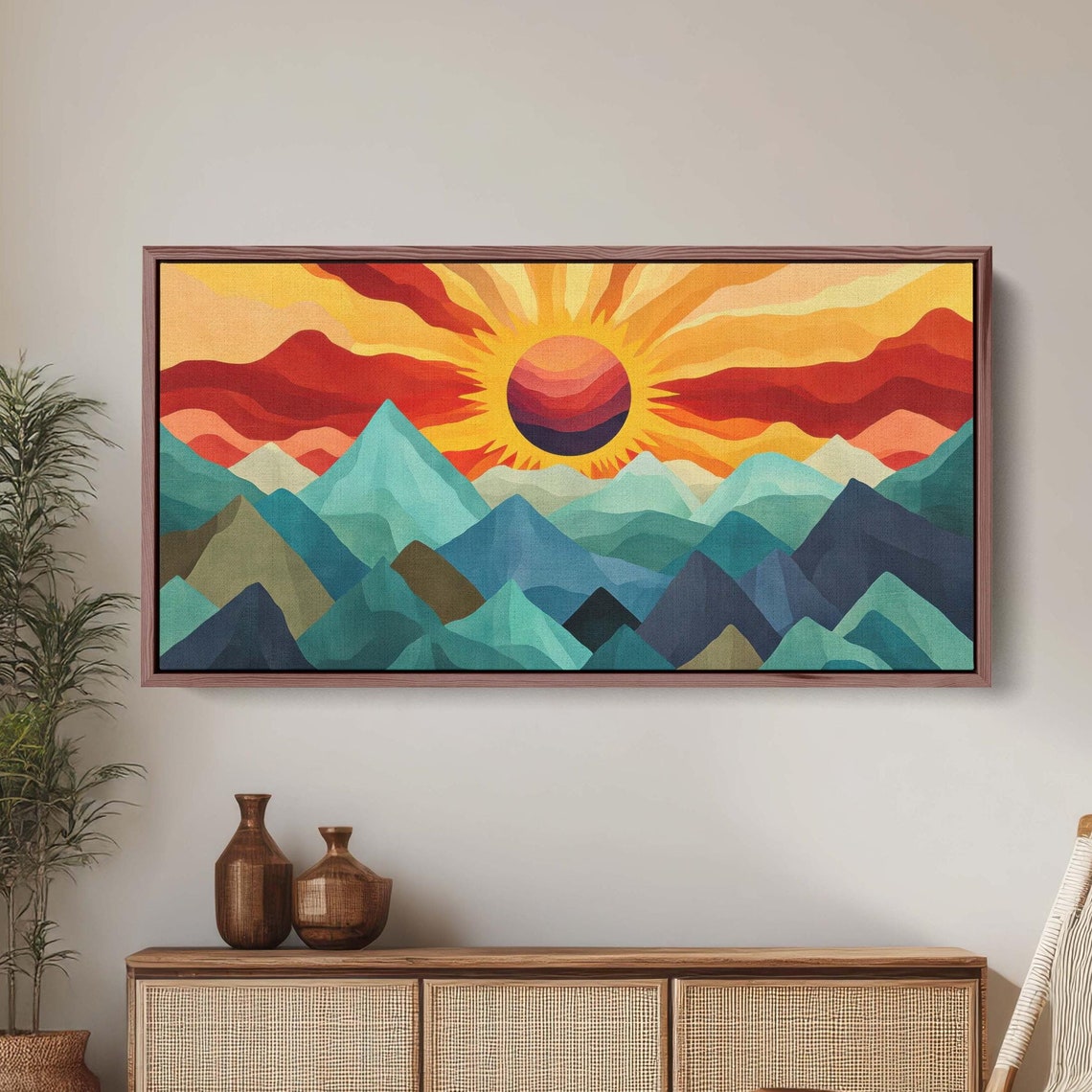 Flat Mid Century Mountain Sunrise Teal Peaks Red Sun Art Poster