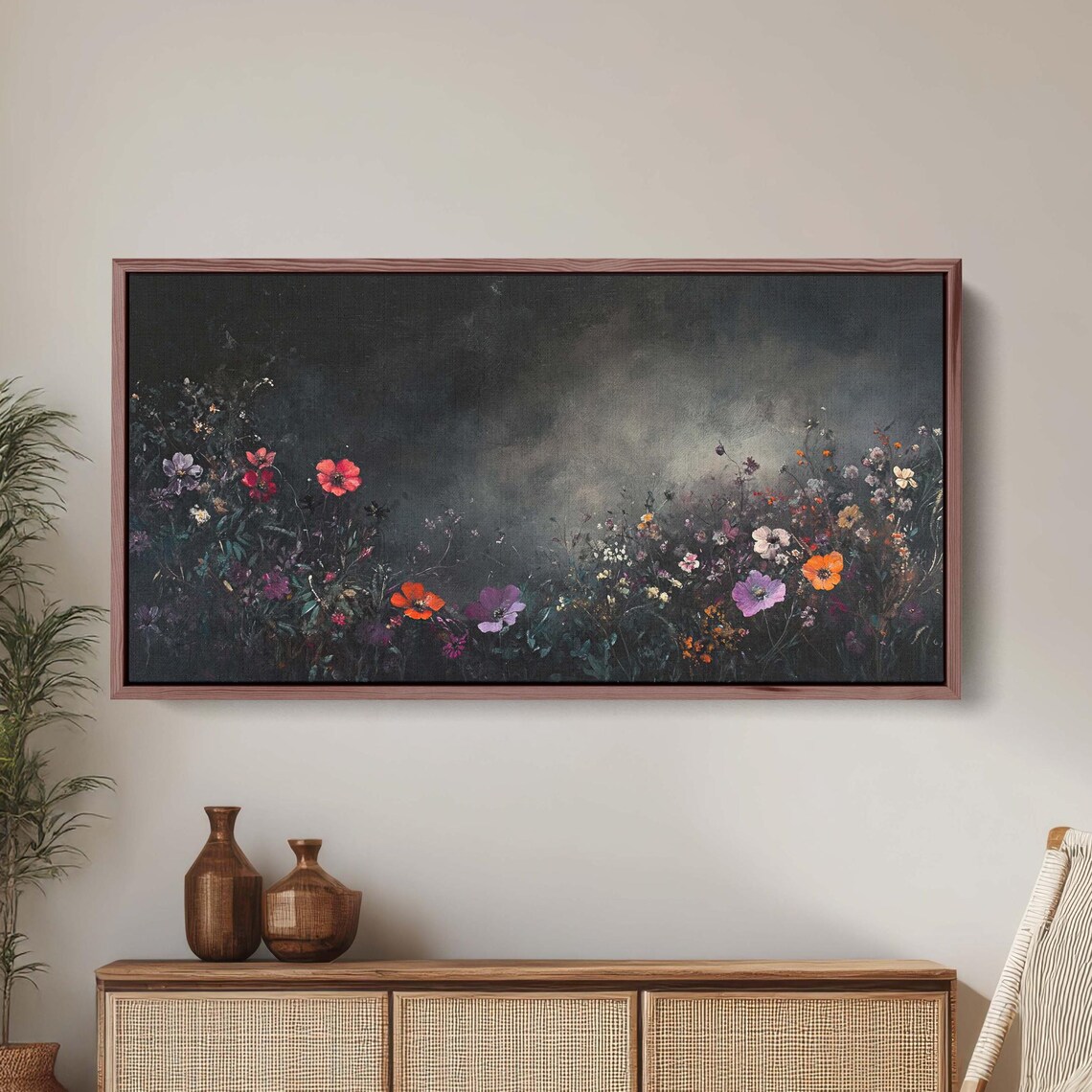 Dark Moody Wildflowers Poppies At Night Black Floral Art Poster